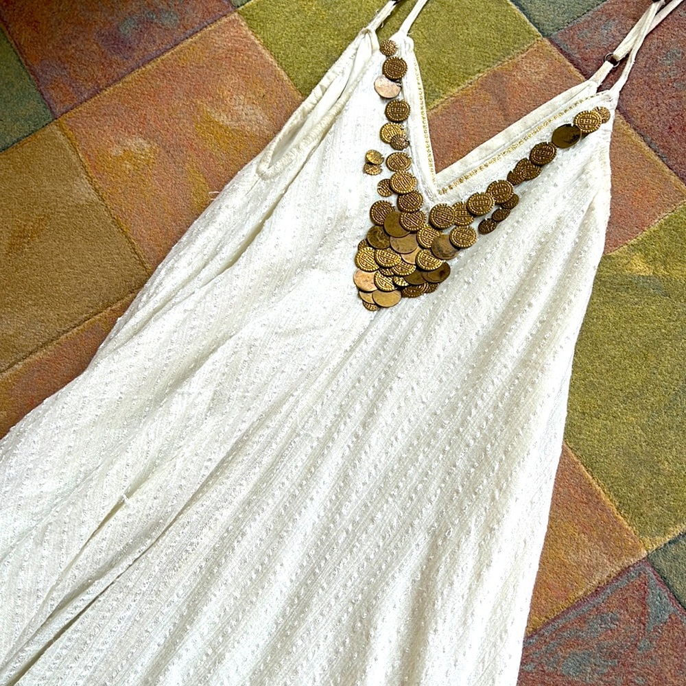 Flowy, elegant white midi dress with gold coin decor. Worn but good condition.